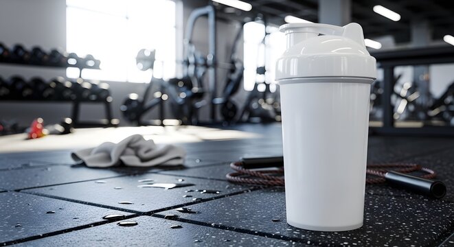 White shaker bottle on gym floor with jump rope and towel background fitness equipment and natural light