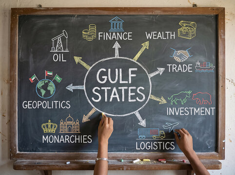 Hands draw Gulf States diagram on chalkboard. Arrows connect finance, trade, investment, logistics, and more. Symbols show oil, wealth, monarchies