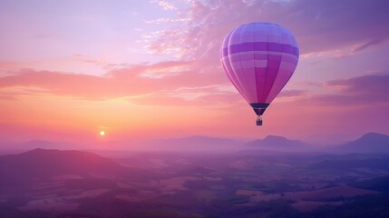 Fototapeta premium A charming air balloon with pink and white stripes drifts gracefully in a soft purple daytime sky