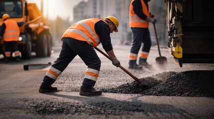 Obraz premium Road workers spreading hot asphalt mix. Street repair and paving process scene. Urban road maintenance and construction work. Infrastructure project with manual labor. City road engineering work.