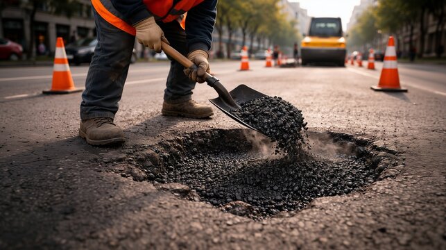 Worker fixing pothole with asphalt mix. Close up road damage repair process. Street maintenance and road fix work. Urban road safety and service concept. Construction worker repairing pavement.
