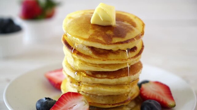 Stack of fluffy homemade pancakes with melting butter and dripping honey on white plate with fresh berries