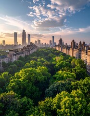 Fototapeta premium Urban Oasis - Lush Green Park Amidst a Modern Cityscape at Sunset.