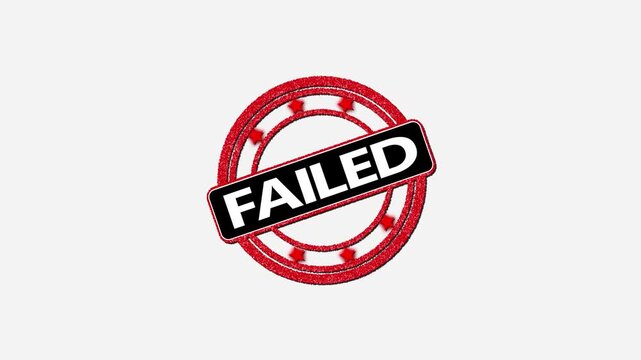 Red failed round rubber seal stamp zooming in on a white background. Stamp with the text failed animation. Failed text sign. Animation of failed text.