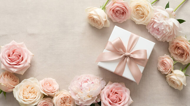 Top-down flat lay of pastel roses, peonies, and gift box with silk ribbon on soft beige table