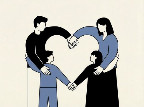 A heartwarming illustration depicting family unity, with parents and children joining together to form a perfect heart, symbolizing love, protection, and lasting connection
