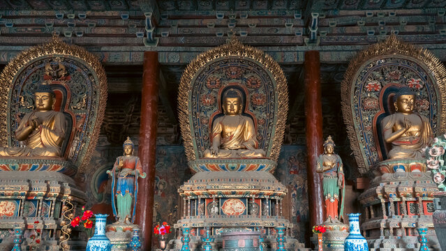 Exquisite Color-painted Sculpture in Huayan Temple, Datong, Shanxi, China, Liao Dynasty. 