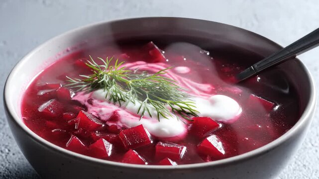 Steaming Bowl of Beetroot Soup With Dill and Sour Cream, Close-Up