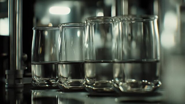 Laboratory beakers and glasses containing a clear liquid. Arranged in a row on a reflective surface. Indicating ongoing scientific research. Chemical analysis. And experiments in a controlled setting