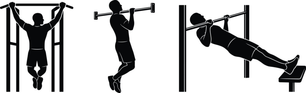 Black and white vector silhouette set of a muscular man performing pull ups, chin ups, and inverted rows on a horizontal bar for fitness, bodybuilding, and calisthenics training