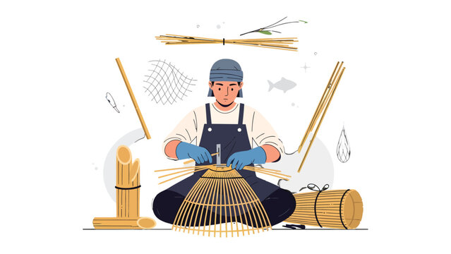 Artisan Crafting: A skilled artisan meticulously crafts a traditional fish trap, demonstrating the artistry and skill of handcrafting. 