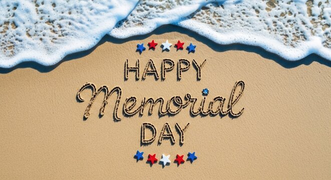 Happy memorial day beach scene with patriotic flowers and foamy waves