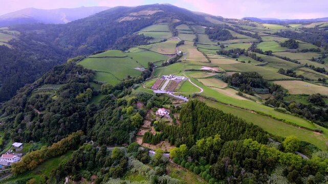 Beautiful aerial drone view of the Church of Our Lady of Peace (Nossa Senhora da Paz) overlooking Vila Franca do Campo on S&atilde;o Miguel Island in the Azores, Portugal. The distinctive zigzag staircase le