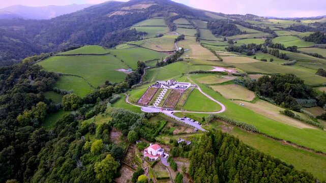 Beautiful aerial drone view of the Church of Our Lady of Peace (Nossa Senhora da Paz) overlooking Vila Franca do Campo on S&atilde;o Miguel Island in the Azores, Portugal. The distinctive zigzag staircase le