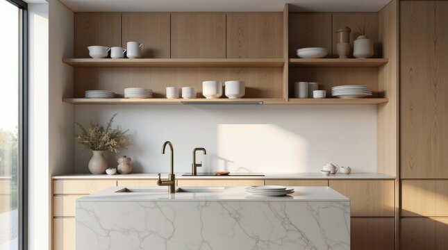 Cocina contempor&aacute;nea con isla de encimera de m&aacute;rmol