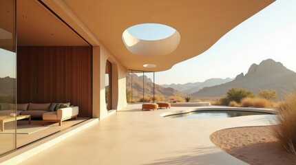 Interior de una casa en el desierto con tonos arena y matices terrosos