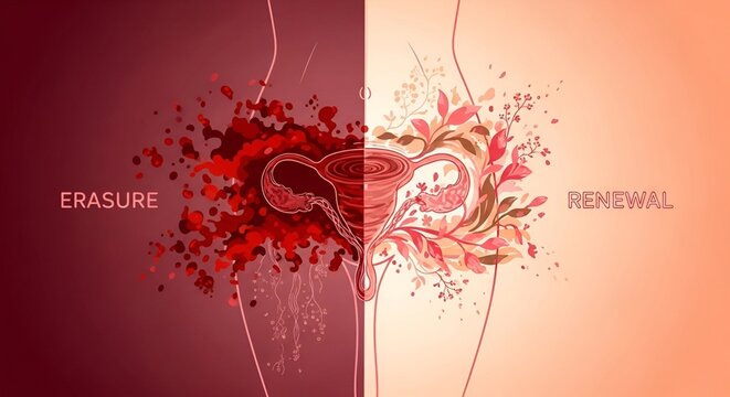 Split illustration of uterus showing erasure with blood splash and renewal with flowers &mdash; menstrual cycle and feminine health concept