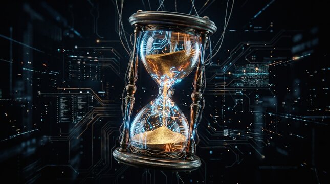 Futuristic Sci-Fi Hourglass with Glowing Circuitry and Golden Sand