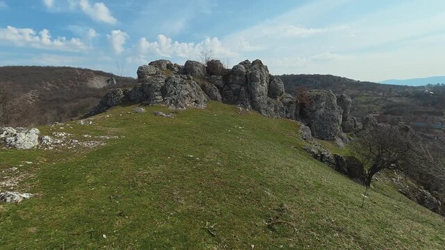 Rocky Hilltop Overlooking Village &ndash; Autumn Scenic View POV Walking. Vrmdza, Mount Rtanj area. Balkans, Serbia.