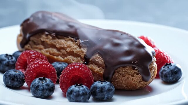 Delicious Chocolate Eclair Surrounded by Fresh Raspberries and Blueberries on a White Plate