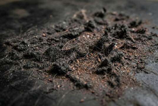 Macro close-up of an industrial rubber mat surface with severe pilling and tangled grime