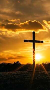 Wooden cross silhouette at sunset outdoors, memorial faith and salvation concept, christian worship background, Easter.