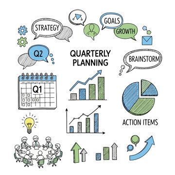 Quarterly planning illustration depicting business strategy, goals, growth, brainstorm, action items, and financial reports for successful execution.