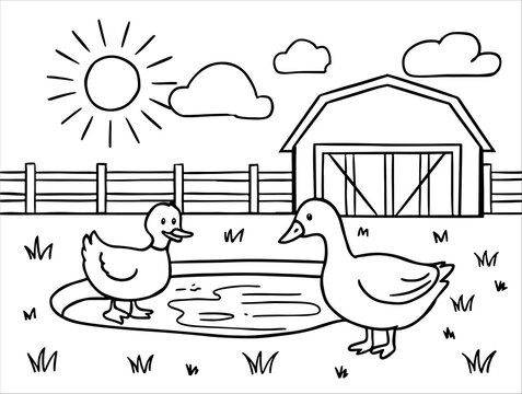 Farm line art with two ducks near pond, barn, and fence. Outline style for kids&rsquo; coloring books and DIY crafts.