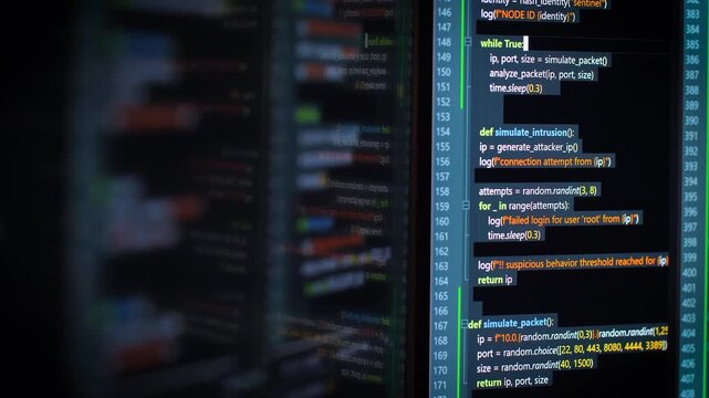 Close up computer monitors displaying fictional programming code and software development interface, technology workspace concept
