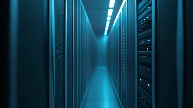 Server racks with blinking indicator lights form a long, glowing corridor, symbolizing the core infrastructure of computing, digital communication, and information technology networks