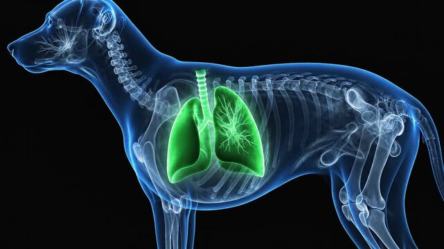 Detailed 3D Animation of a Dog's Skeletal System and Lungs in a Transparent Blue Body Showing Respiration
