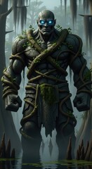 Fototapeta premium Colossal stone figure entwined with vines stands menacingly in a misty swamp environment
