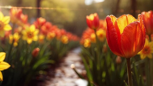 Spring background. Realistic sunflower garden background with particle. Spring, Summer flowers garden in sunny day. Cherry blossom 
