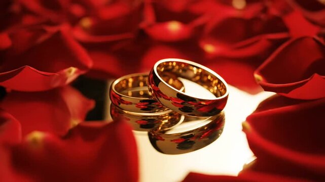 Two wedding rings are lying on a mirrored surface among rose petals, reflections of gold and glare