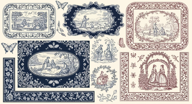 French Toile de Jouy Scenic Motifs and Botanical Vector Borders