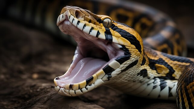 Dangerous python snake head with mouth wide open showing tongue