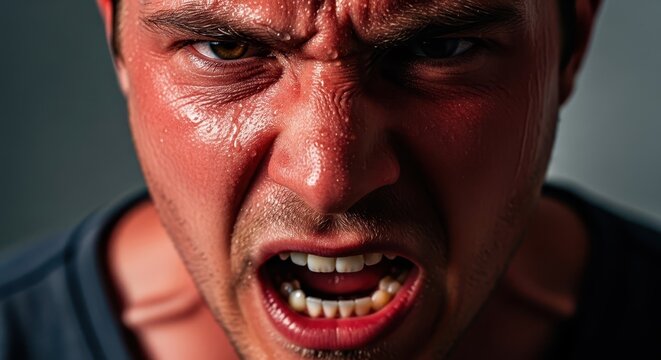 Intense male face displaying extreme anger and exertion with flushed skin and visible sweat