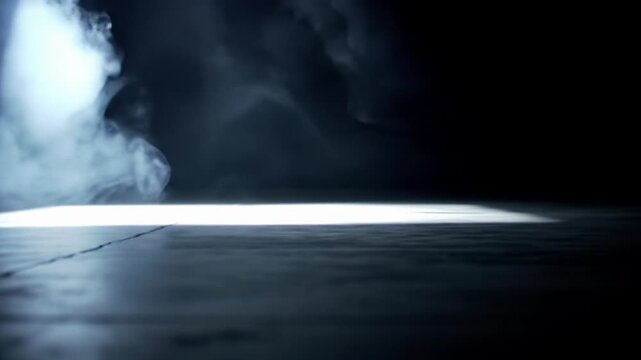 A cinematic video of a powerful light beam cutting through wispy haze, illuminating a rectangular area on a dark polished concrete floor, dolly movement, shallow depth of field, concept of innovation