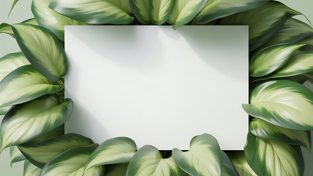 Dense variegated leaves encircle a pristine white rectangle with soft natural light