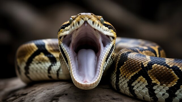 Detailed close up of a python snake with its mouth wide open
