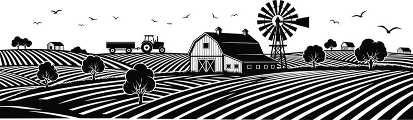 Black and white rural farm landscape with barn, windmill, tractor, cultivated fields, trees, sheds, and flying birds © Sohel