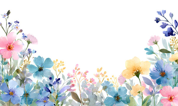 Beautiful wildflower meadow border in watercolor style featuring blue and pink blossoms for spring backgrounds floral greeting cards wedding invitations and horizontal banner design layouts