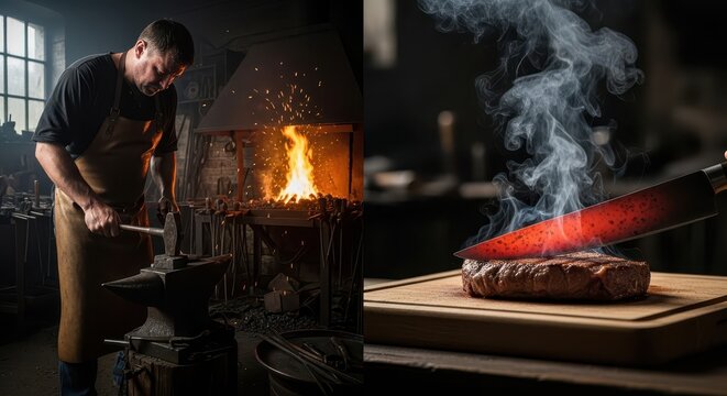 Crafting implements and preparing food demonstrate contrasting uses of heat and metalworking skills in parallel scenes.