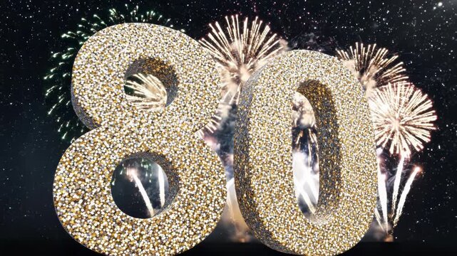 3d rendering of the number 80 made of golden glitter particles against a dark night sky with fireworks in the background