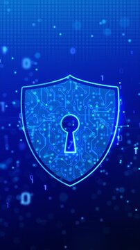 Vertical video Glowing digital shield with keyhole over abstract binary network and connected data particles. Concept of cybersecurity, encryption, privacy protection and secure online technology conc