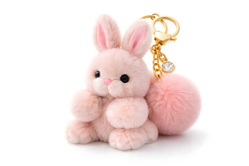 Obraz premium Cute Fluffy Bunny Plush Keychain with Pom Pom Isolated on White Background, Soft Toy Bag Charm Accessory