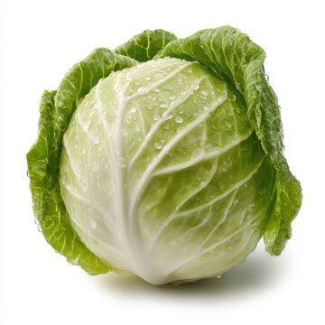 Fresh Green Cabbage with Water Droplets on White Background
