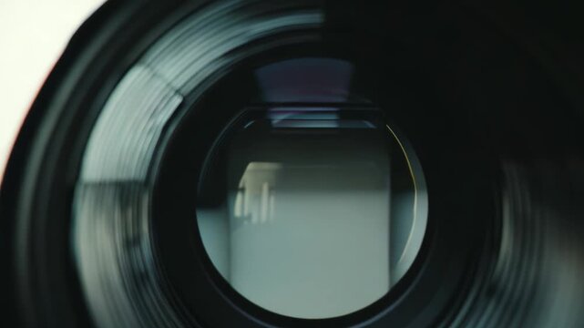 Camera lens focusing with internal elements visible, reflecting light and offering a detailed close up view of advanced optical technology for image and video recording