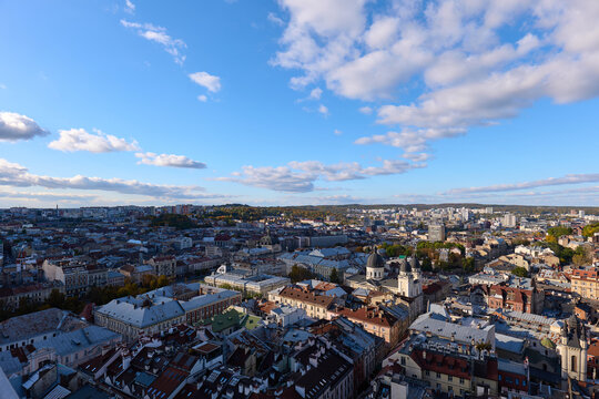 Lviv / Ukraine: View from the City Hall Tower over the old town to the suburbs in the northwest