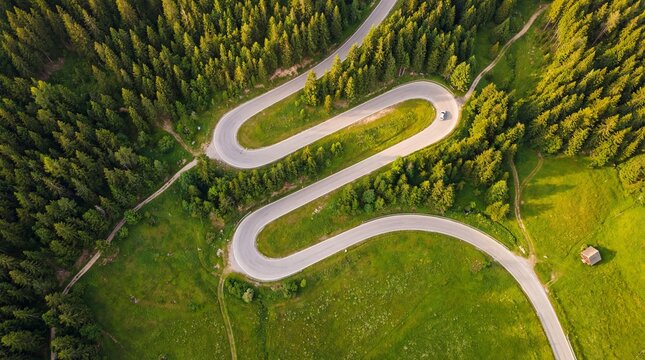 Serpentine mountain road winding through a lush green forest and meadows